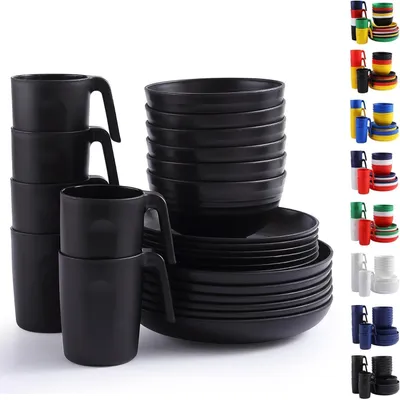 Produktbild von 24-teiliges Plastikgeschirr Set für 6 Personen, wiederverwendbar, schwarz