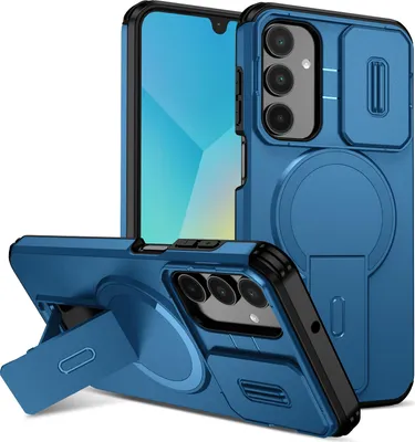Produktbild von Magnetisch Hülle für Samsung Galaxy A16 5G/4G, Dual Layer Stoßfest Handyhülle mit Dia Kameraschutz, Verstellbarem Ständer Blau