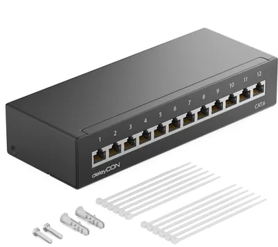 Produktbild von deleyCON CAT 6 Patchpanel Verteilerfeld 12 Port 1 HE RJ45 - Schwarz