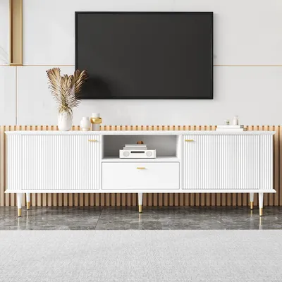 Immagine prodotto di Mobile TV Merax con ripiani aperti e cassetto, mobile TV basso con cerniere soft-close, mobile TV in MDF laccato con finitura strutturata, bianco