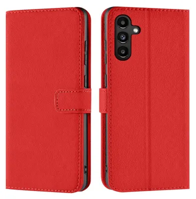 A red flip case for a smartphone is shown from the front and side.