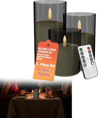 Produktbild von XMTECH LED Kerzen 3er Set Mattgrau – Flammenlose Säulenkerzen Ø7,5 x 10/12,5/15 cm mit Fernbedienung & Timer – Batteriebetrieben, Flackernd, Indoor & Outdoor, Dekoration, Geschenk