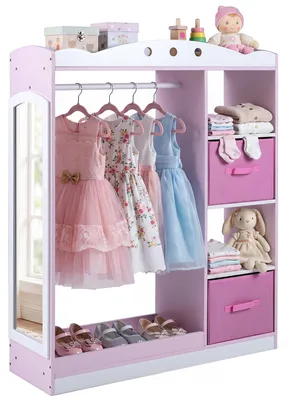 Produktbild von COSTWAY Kindergarderobe mit Spiegel, Kinder Kleiderschrank aus Holz mit offenen Regalen, Kleiderstange und klappbaren Stoffschubladen, Kinderschrank