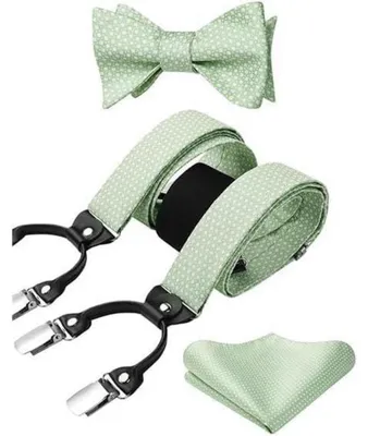 Produktbild von Hosenträger mit Fliege und Einstecktuch Set Salbeigrün breit elastisch längenverstellbar 3.5cm Breite