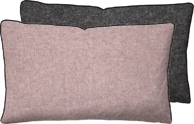 Two rectangular pillows, one in front of the other. The front pillow is pink, and the back pillow is gray. Both have a thin black trim around the edges.