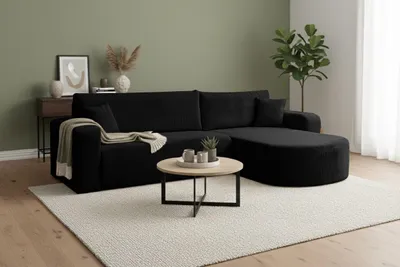 Produktbild von VENASI TOKIO Ecksofa mit Schlaffunktion und Bettkasten aus Cord – Schlafsofa Eckcouch Sofa Schwarz