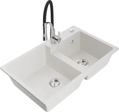 Produktbild von Mexen Tomas 2-Becken-Granitspüle mit Mischbatterie Aster, Weiß - 6516-20-73450-07