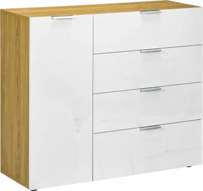 Obrázek produktu pro Příborník Komoda - skříňka do obývacího pokoje - 4 zásuvky - dvířka - nastavitelné police - 105x35x92 cm - dřevo - moderní minimalistický styl - bílá
