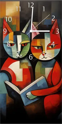 Produktbild von Wallario Design Wanduhr Lesende Katzen aus Echtglas, Größe 30 x 60 cm