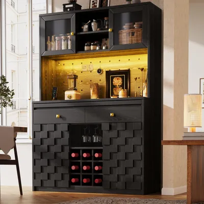 Produktbild von STILVORA Hochschrank mit LED-Lichtband und USB-Ladebuchsen, Küchenschrank mit Acrylfront und Weinflaschenhalter, Multifunktionsschrank mit Lochwand und verstellbaren Einlegeböden