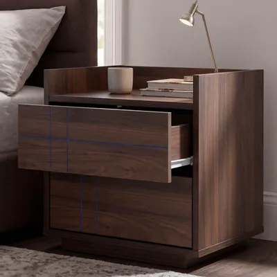 Zdjęcie produktu dla Szafka nocna HWC-P44, szafka nocna, 2 szuflady, MDF, 43 x 48 x 41 cm ~ wykończenie imitujące orzech