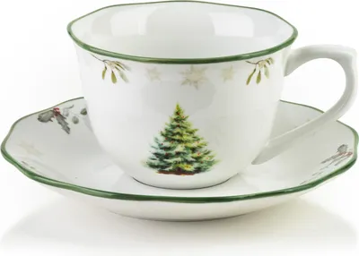 Productafbeelding van Koffiekop met schotel, porselein, New Bone China, Santa Lila, 220 ml / schotel 15 cm, wit met kerstboommotief, 2-delige set