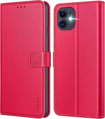 Produktbild von iPhone 11 Handyhülle Leder Klapphülle Rot mit Kartenschlitzen & Standfunktion