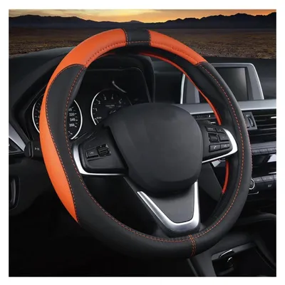Immagine prodotto di Copertura per volante auto, in microfibra, effetto pelle, sportiva, antiscivolo, 38 cm, nera/arancione