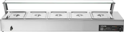 Immagine prodotto di Scaldavivande commerciale, scaldavivande elettrico in acciaio inossidabile da 1500 W con coperchio in vetro, bagnomaria da banco con cinque vaschette per alimenti da 1/2, per catering, ristoranti, feste e buffet