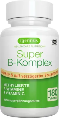 Produktbild von Igennus Vitamin B Komplex Hochdosiert - Methylierte B Vitamine mit Folat, B6, B1 & B12 - alle 8 in bioaktiven Formen plus Vitamin C, Depotwirkung