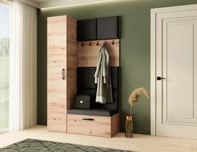 Image de Armoire vestiaire MARGARET I+IV avec panneaux capitonnés et patères, chêne Artisan + noir