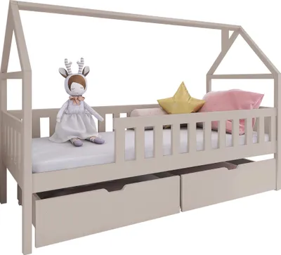 Produktbild von MIRJAN24 Kinderbett mit schubladen Domi, Hausbett, Lattenrost Flex aus Buchensperrholz (Farbe: Cashmere, Größe: 80x200 cm)
