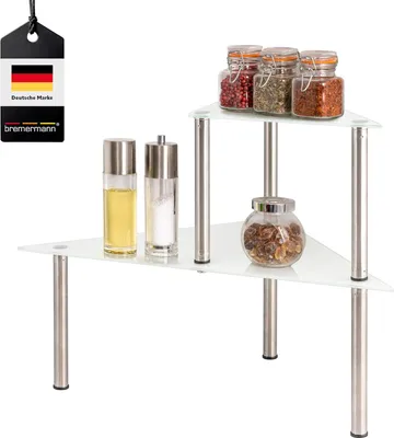 Immagine prodotto di Scaffale angolare in vetro, scaffale da cucina con ripiani in vetro e gambe in acciaio inox (bianco)