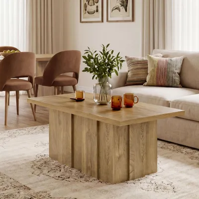 Zdjęcie produktu dla Tribesigns, stolik kawowy o wymiarach 120 x 60 cm, nowoczesny stolik do salonu w stylu dębowym, prostokątny stolik kawowy z żłobioną podstawą, solidny drewniany stolik w stylu rustykalnym