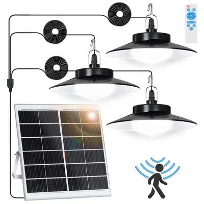 Obrázok produktu pre LED solárna lampa s detektorom pohybu, závesné svietidlo v studenej bielej farbe, IP65, záhradné svietidlo s reguláciou jasu a časovačom, 5 režimov, vhodné na balkón alebo do altánku (3 svietidlá)