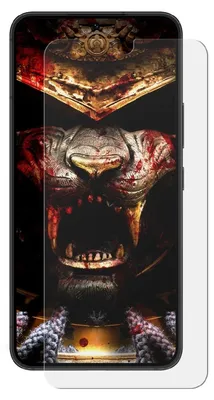 A screen protector with a fierce tiger-like samurai mask design is placed on a smartphone.