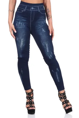 Produktbild von Damen Leggings Jeggings Denim-Look Hoher Bund Blau-1 S/M/L
