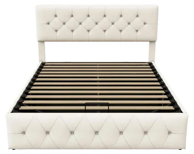 Zdjęcie produktu dla Łóżko tapicerowane - podwójne, 160x200 cm, z pojemnikiem na pościel - oświetlenie LED - zagłówek - rama z drewna, stelaż z listew - obita welurem - kolor biały