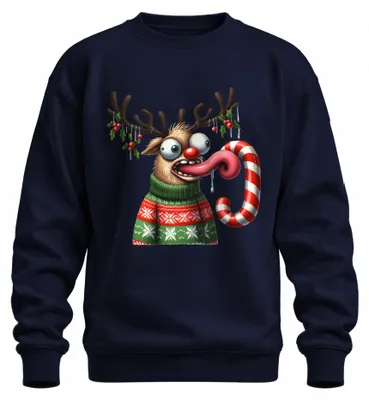 Productafbeelding van Kersttrui met een grappige afbeelding van een gekke rendier met een suikerstok, uni, marineblauw, maat M