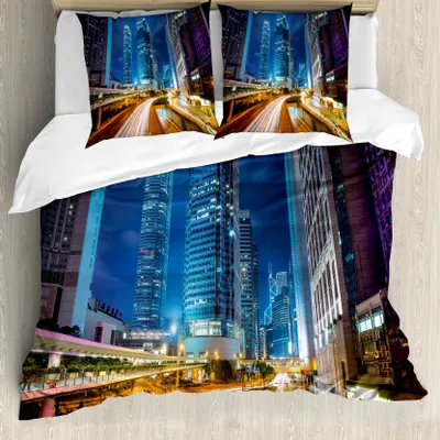 Produktbild von ABAKUHAUS Stadt Bettbezug, Fast Cars Hong Kong Stadt, Milbensicher Allergiker geeignet mit Kissenbezügen, 155 cm x 220 cm - 80 x 80 cm, Mehrfarbig