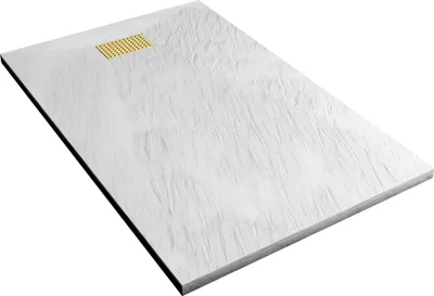 Image de Receveur de douche Blanc Effet Pierre 90x140 cm et Grille décor Perforée Or Doré Brossé