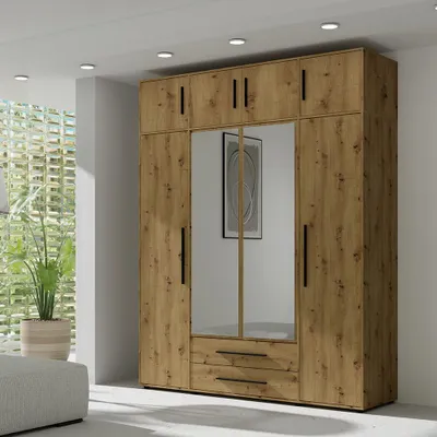 Produktbild von Schlafzimmer Kleiderschrank mit Aufsatzschrank, 198 cm breit, Eiche mit schwarzen Griffen, 8 Türen & 2 Schubladen - MOLLERUSA-132