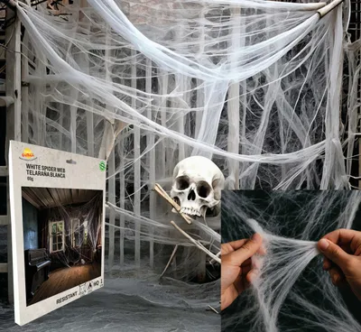 Productafbeelding van Halloween-spinnenwebdecoratie, geschikt voor een spookhuis, griezelkabinet, horrorfeest of spookhuis. Kleur: wit