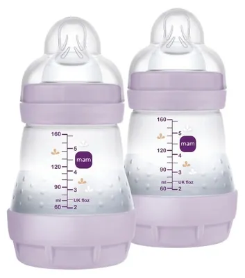 Produktbild von MAM Easy Start Babyflasche, 160 ml (2er-Set), Set mit 2 Anti-Kolik-Flaschen für gemischtes Stillen, reduziert Luftblasen und Koliken, Babyzubehör mit Sauger Größe 1, Lila – Helles Fuchsia, Größe 2 stü