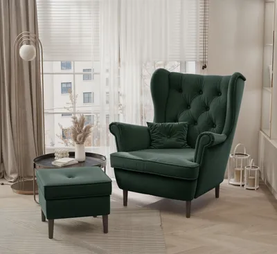 Produktbild von Idohome - Ohrensessel mit Hoker SCANDI im skandinavischen Stil, Farbe: Flaschengrün Trinity 28