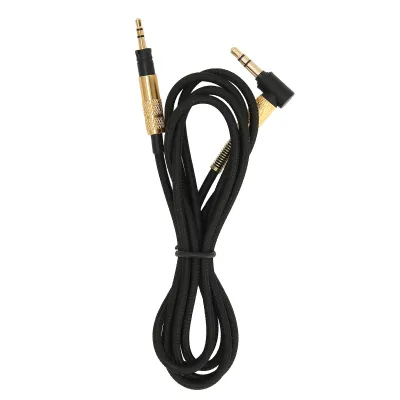A black audio cable with gold-plated connectors is shown against a white background.