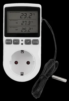 A white digital thermostat with a black cord and probe, plugged into a white electrical socket.