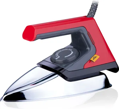 A studio shot of a red and gray iron on a white background.