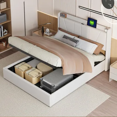 Obrázek produktu pro Postel 140x200 cm s USB-C portem, úložným prostorem a rošt, barva béžová
