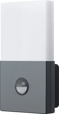 A wall-mounted outdoor light fixture with a motion and daylight sensor.