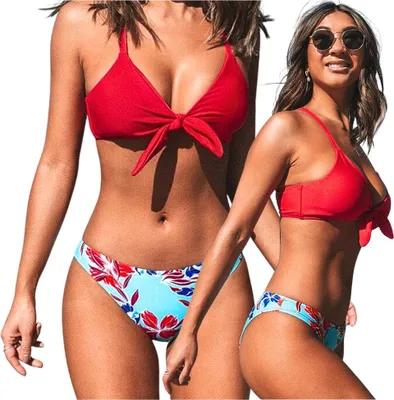 Obrázek produktu pro Dvoudílné plavky s květinovým vzorem, dvoudílné bikini, zeštíhlující, push-up podprsenka, velikost L