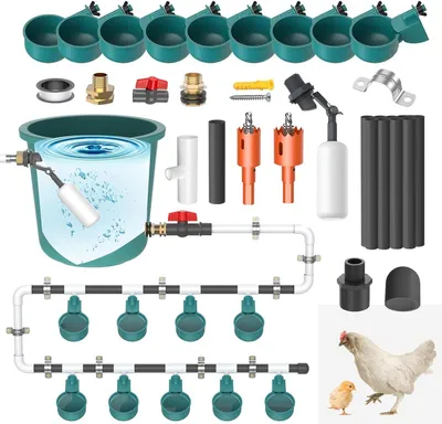 Produktbild von Hühnertränke, Automatischer Geflügeltränke Wassertränke mit 9 Trinkbechern und 10 Wasserrohren, Hühner Futterautomat Ventilgesteuerte Hühnerbewässerung für Hühner, Enten, Gänse, Truthahn