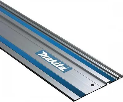 A close-up, angled view of a silver metal track saw guide rail with blue accents and the Makita logo.
