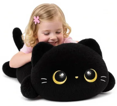 Productafbeelding van Pluche kussen, zwarte kat, 51 cm. Schattig knuffel voor kinderen en meisjes