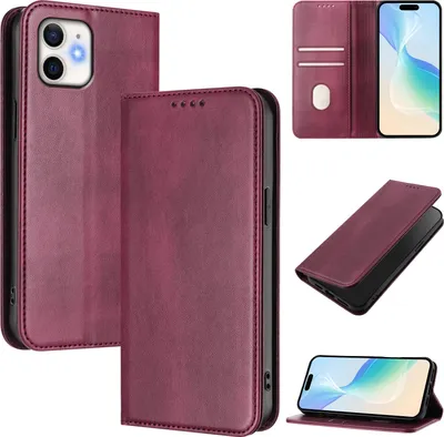 Produktbild von Handyhülle für iPhone 11, Vintage Leder RFID Schutz Kartenfach Standfunktion Magnetische Klapphülle Rot