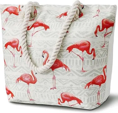 Produktbild von Unyqoos® Strandtasche XXL Damen – große Tasche mit Reißverschluss, Canvas außen & Baumwoll‑Leinen innen, Maße oben 56 / unten 37 × H 41 × T 18,5 cm, Flamingo‑Print, für Strand & Reisen