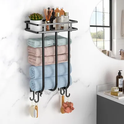 Obrázek produktu pro Držák na ručníky do koupelny s 4 háčky, černý, 45 cm, vyrobený z hliníkové slitiny