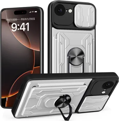 Produktbild von iPhone 16e / 17e Hülle - Coverup Armor Ring Ständer Back Cover mit Kamera Schutz - Silber