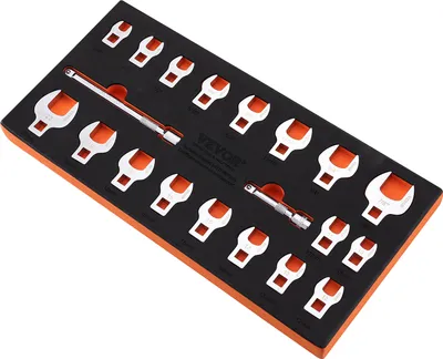 A set of crowfoot wrenches neatly arranged in a black foam organizer with orange accents.