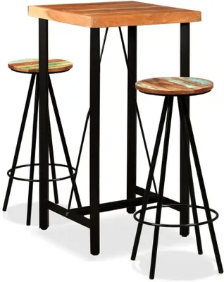 Produktbild von 3-teiliges Bar-Set aus massivem Akazien- und Altholz mit Stahlbeinen, Bartisch 60x60x107 cm und 2 Barhocker 30x76 cm im Industrie-Look für Esszimmer, Küche und Wohnzimmer